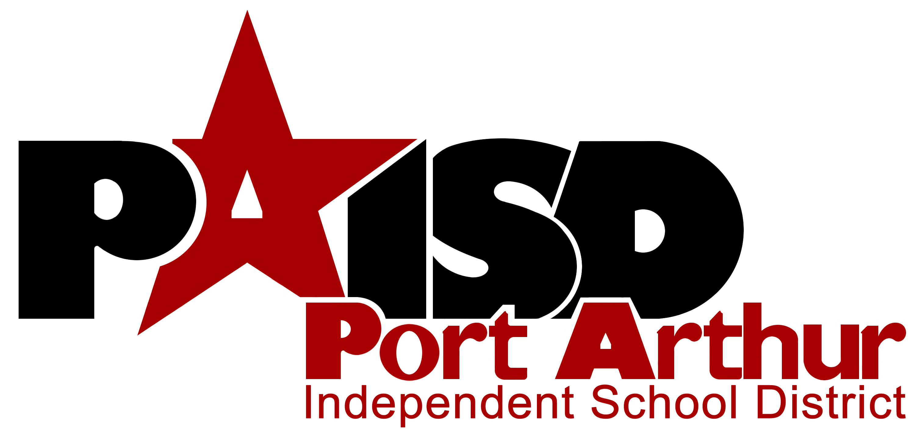 red and black bold, all capital letters spell out p a i s d; the a is a red star.  Port Arthur independent school district is written beneath the logo in red letters